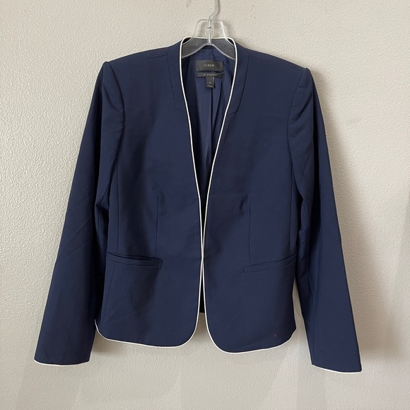J.Crew Tipped Collarless Blazer Size 6 Wool Blend Navy - Picture 1 of 10